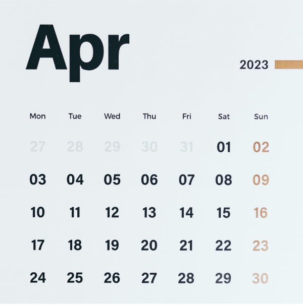 A digital calendar displaying the month view of April 2023.
